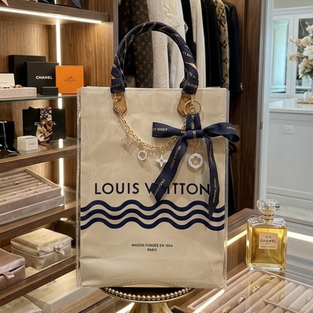 Louis Vuitton Cream and Navy Canvas Tote with Ribbon and Chain Charm